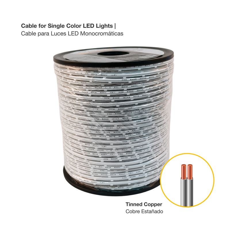 18 AWG White Cable for Single Color LED Lights, 1mm, 48V Máx, x 164 FT/ 50 M