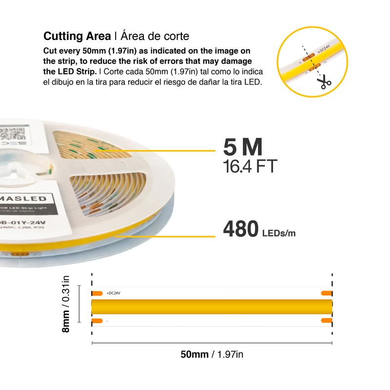 8mm COB LED Strip Yellow 24V 11W/m 550lm/m 480LED/m IP20 16.4ft