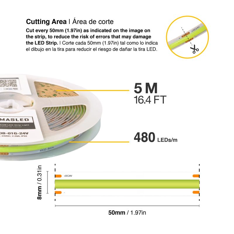 8mm COB LED Strip Green 24V 11W/m 1265lm/m 480LED/m IP20 16.4ft