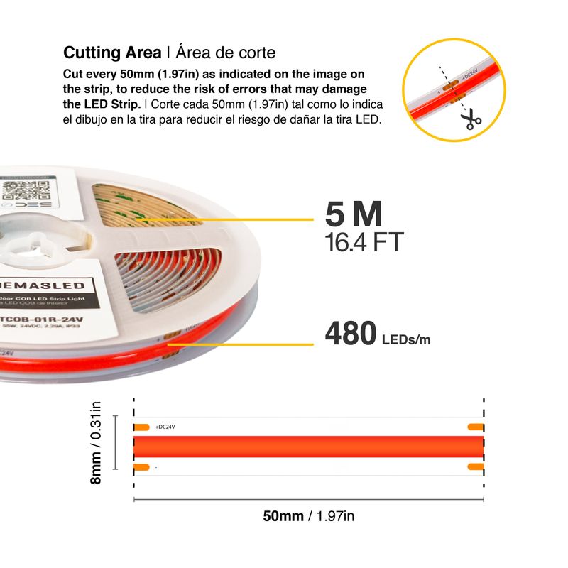 8mm COB LED Strip Red 24V 11W/m 165lm/m 480LED/m IP20 16.4ft