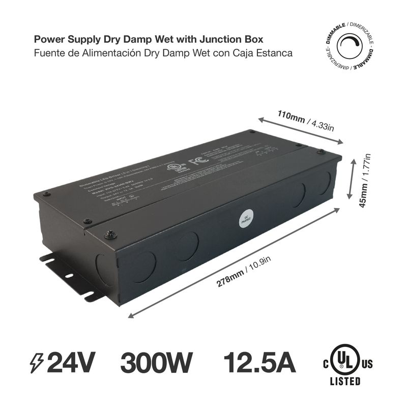 12V 300W 25A LED Power Supply with Junction Box, 5-in-1 TRIAC/0-10V Dimmable, IP54, UL