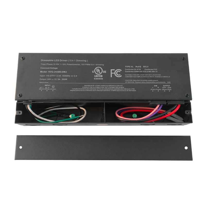 12V 300W 25A LED Power Supply with Junction Box, 5-in-1 TRIAC/0-10V Dimmable, IP54, UL