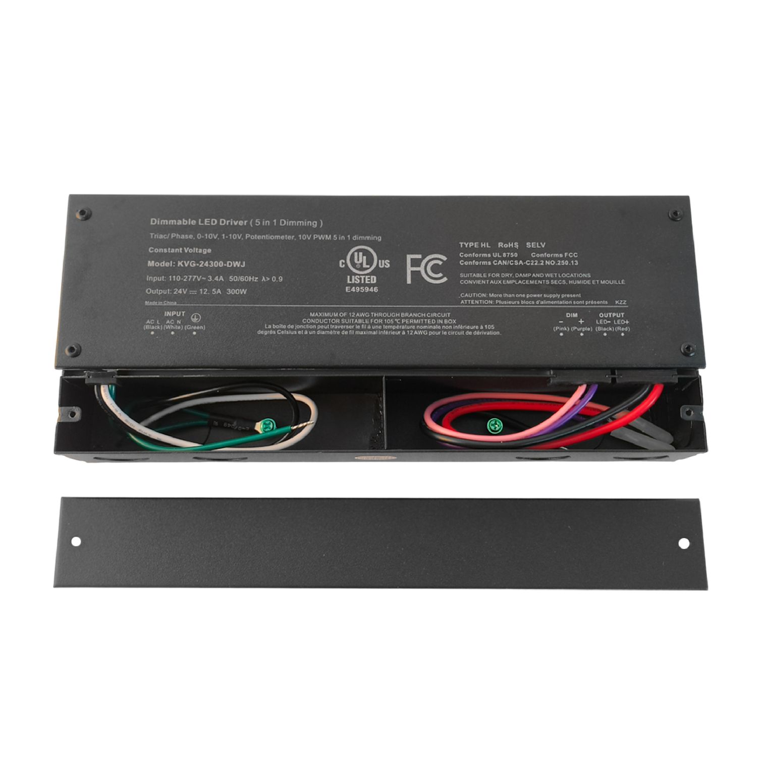 24V 300W 12.5A LED Power Supply with Junction Box, 5-in-1 TRIAC/0-10V Dimmable, IP54, UL