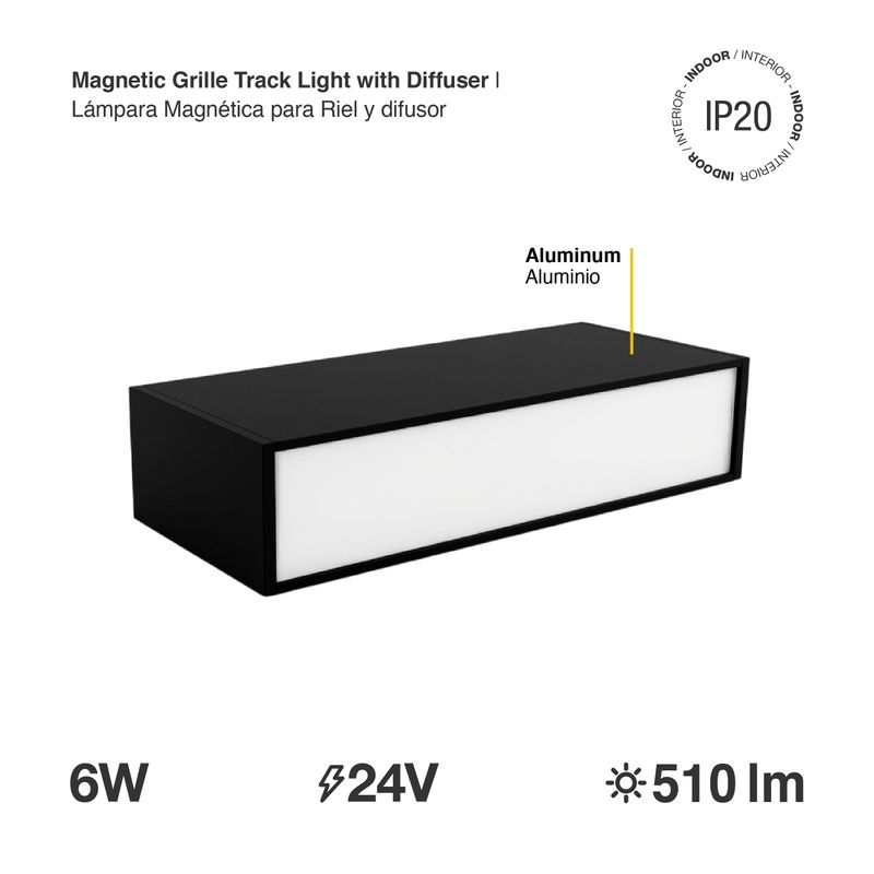 Black Magnetic Grille Track Light with Diffuser, 6W, Neutral White 4000K, 34°, 510lm