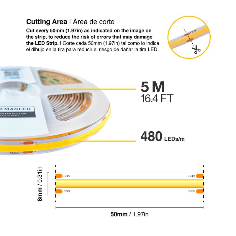 8mm COB LED Strip Warm White 3000°K 12V 11W/m  1000lm/m 480LED/m 16.4ft