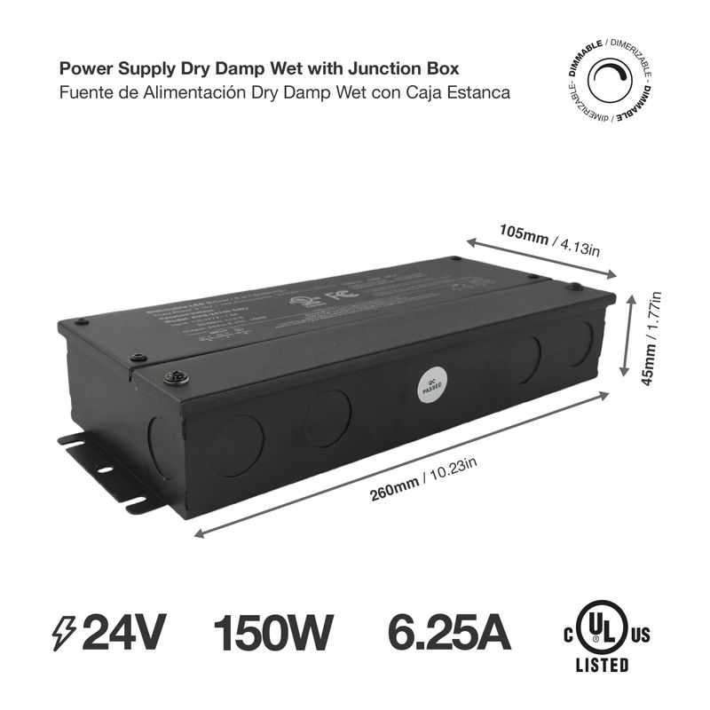 24V 150W 6.25A LED Power Supply with Junction Box, 5-in-1 TRIAC/MLV/ELV Dimmable, IP54, UL