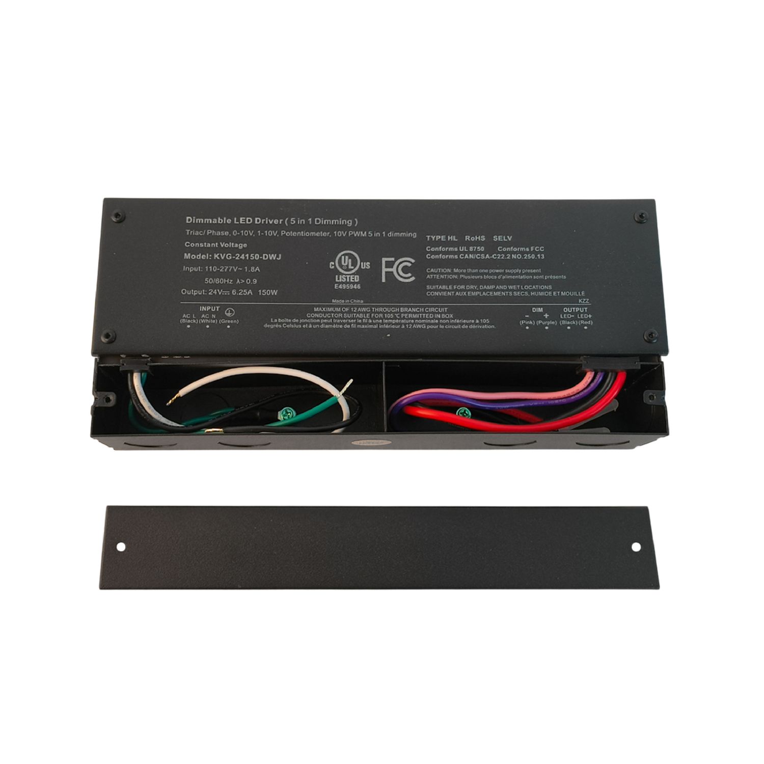 24V 150W 6.25A LED Power Supply with Junction Box, 5-in-1 TRIAC/MLV/ELV Dimmable, IP54, UL