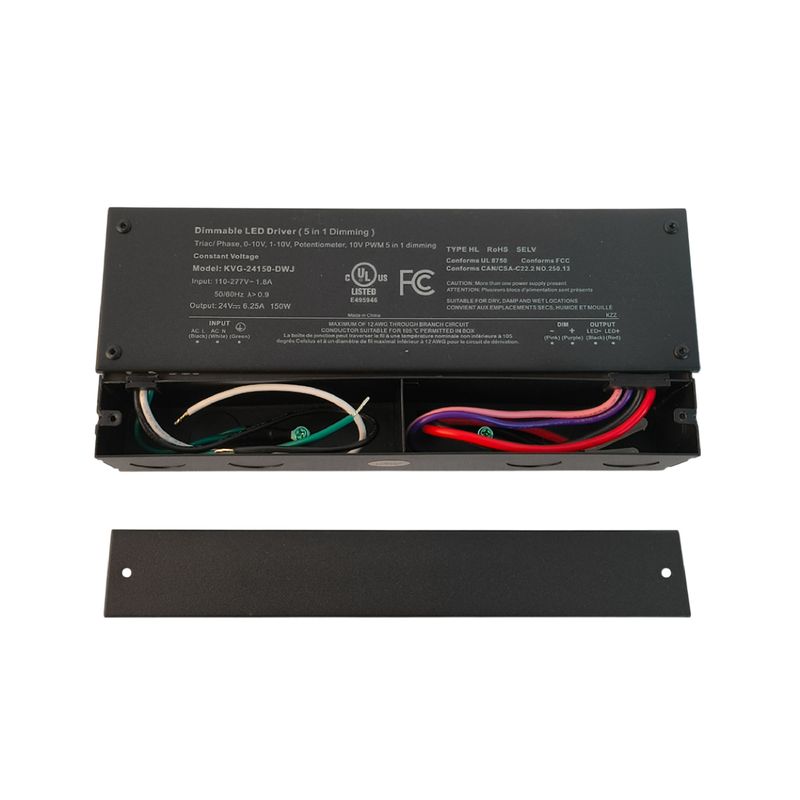 24V 150W 6.25A LED Power Supply with Junction Box, 5-in-1 TRIAC/MLV/ELV Dimmable, IP54, UL