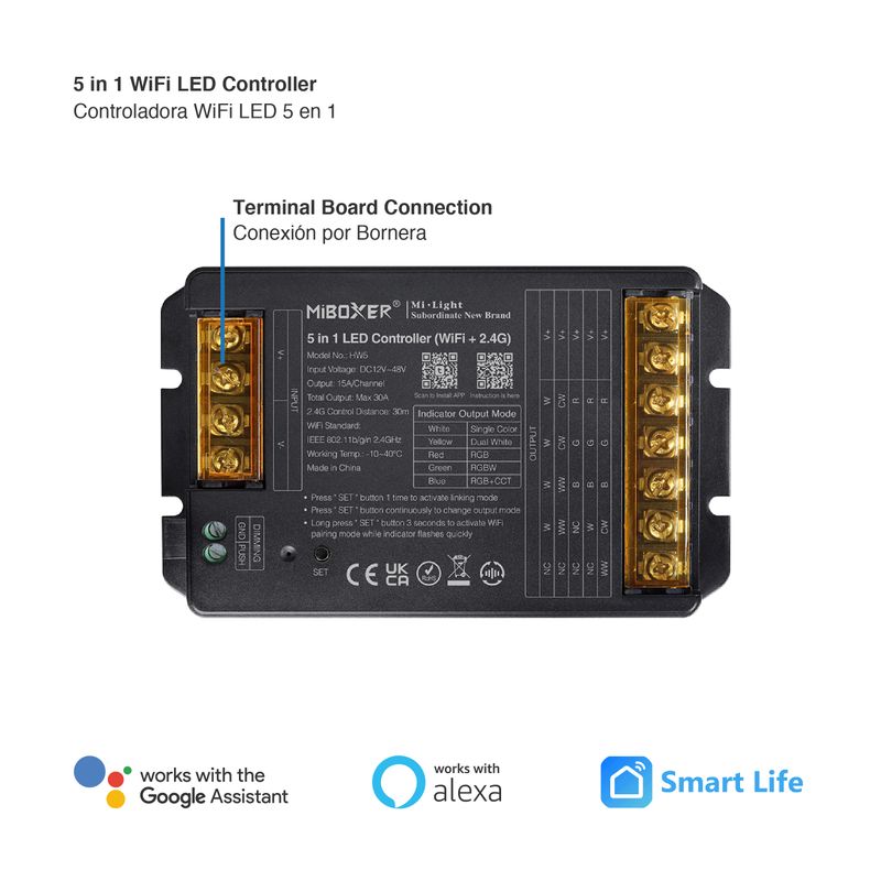 5 in 1 LED Controller WiFi 2.4GHz Output 30A Max IP20