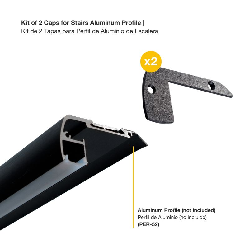 Kit of 2 Caps for Black Aluminum Profile for Stair Treads, compatible with PER-52-2M-NE