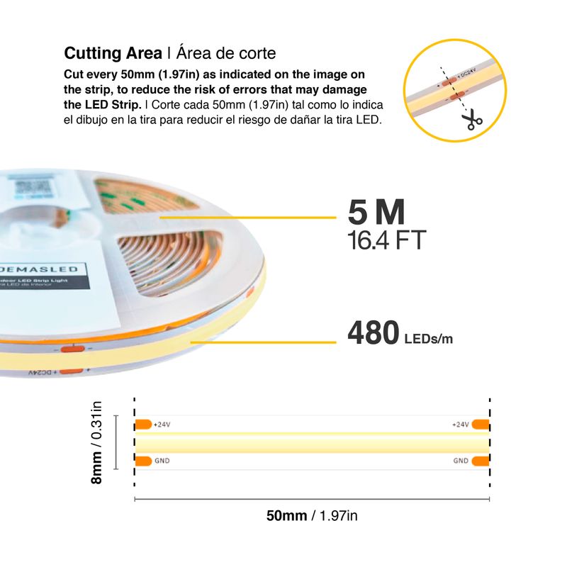 8mm COB LED Strip Cool White 5000-5500ºK 12V 11W/m 1100lm/m 480LED/m 16.4ft