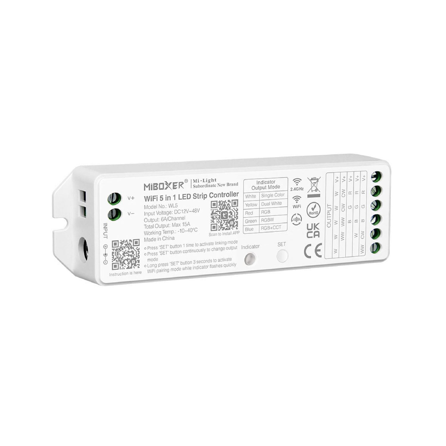 5 in 1 LED Strip Controller WiFi 2.4GHz Output 15A Max IP20