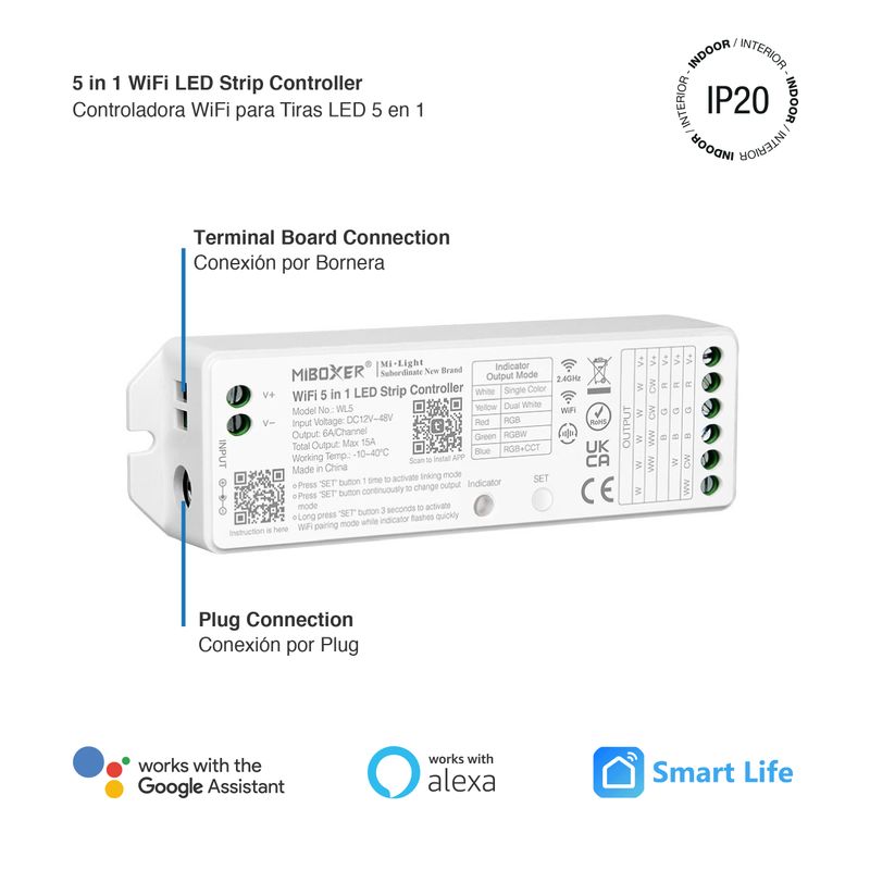 5 in 1 LED Strip Controller WiFi 2.4GHz Output 15A Max IP20