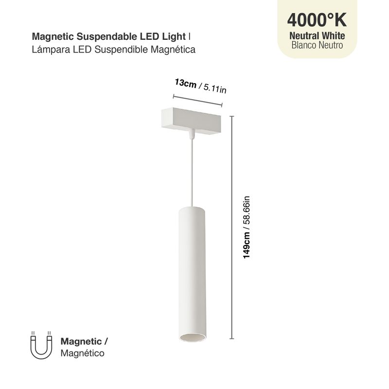 White Magnetic LED Light, Hanging, 10W, Neutral White 4000K, 36°, 685lm