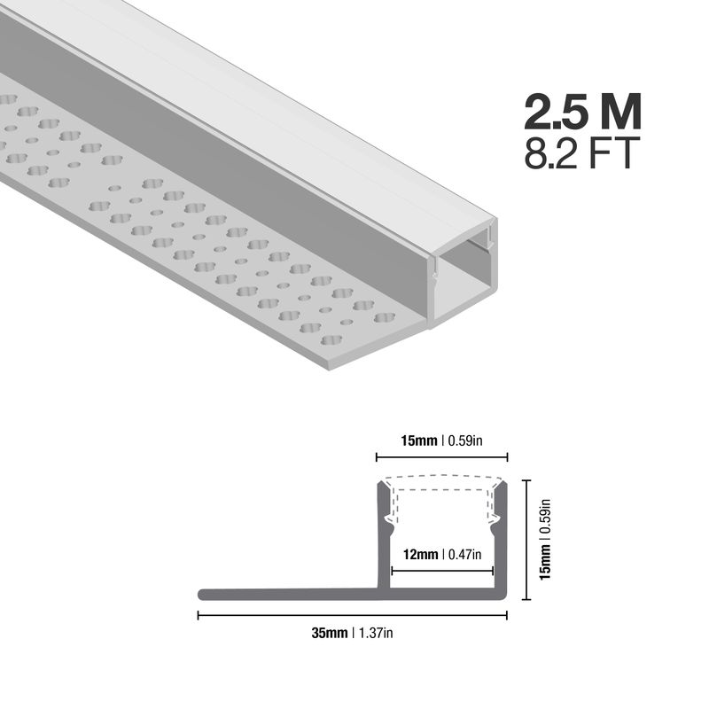 Trimless Plaster-In Linear anodized LED Aluminum Channel, 8.20ft 1.38x0.59in