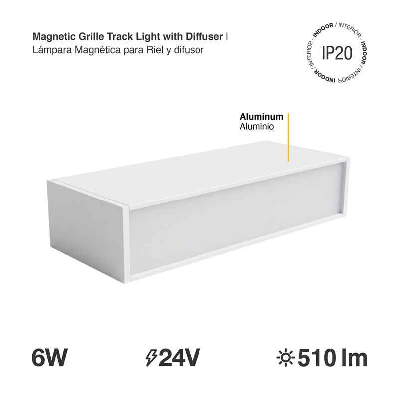 White Magnetic Grille Track Light with diffuser, 6W, Warm White 3000K, 34°, 510lm