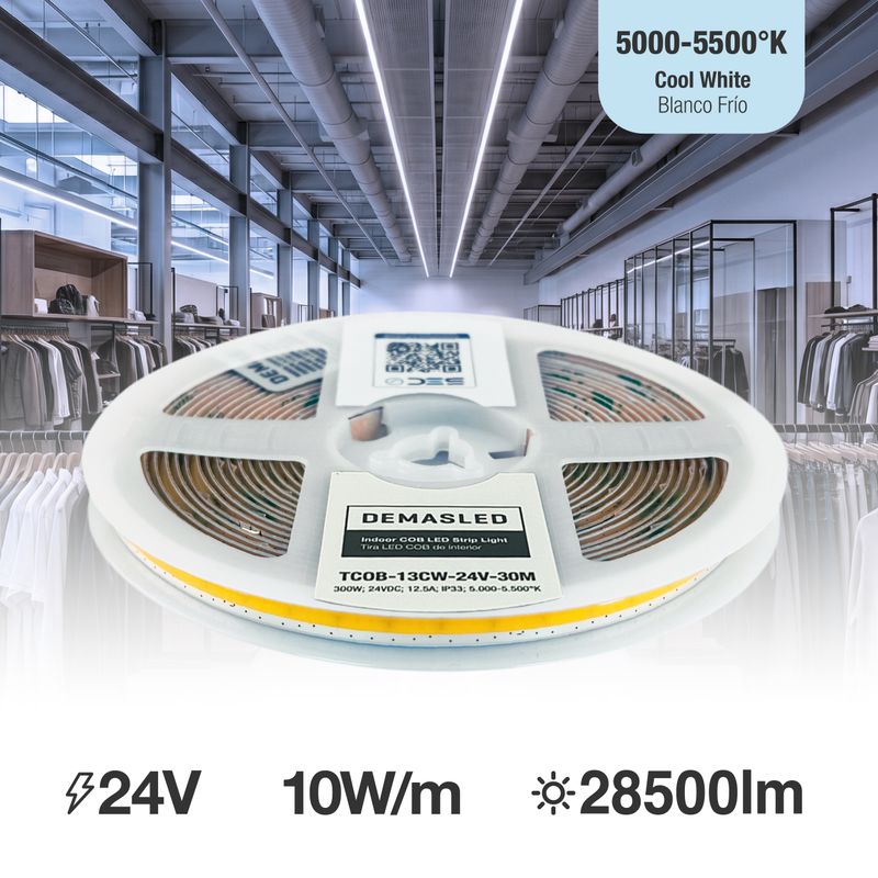 8mm COB LED Strip Freecut Cold White 5000-5500K 24V 10W/m 528LEDs/m 98.4ft