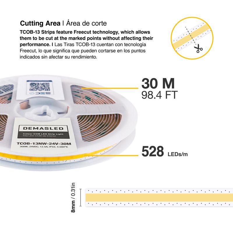 8mm COB LED Strip Freecut Neutral White 4000ºK 24V 10W/m 528LEDs/m 98.4ft