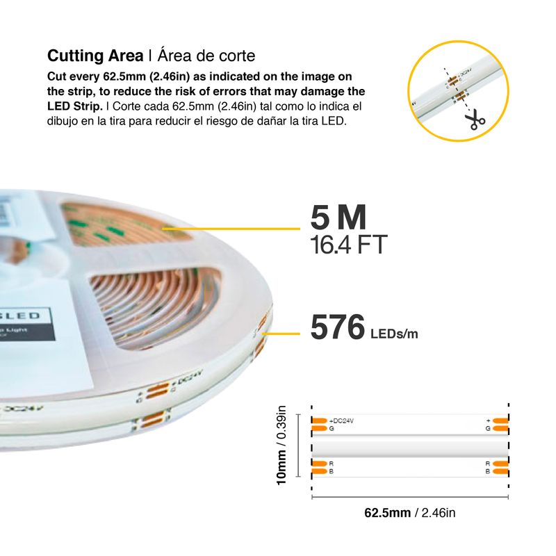 COB LED Strip 24V 14W/m RGB 576 chip/m 10mm IP68, 16.4ft
