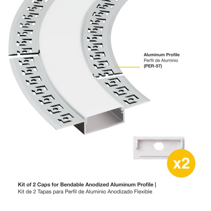 Kit of 2 Caps for Plaster-in Bendable Anodized Aluminum Profile, compatible with PER-57