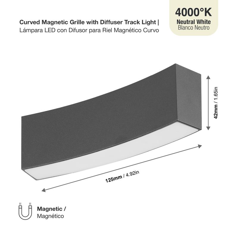 Black Curved Magnetic Grille with Diffuser Track Light, 7W, Neutral White 4000K