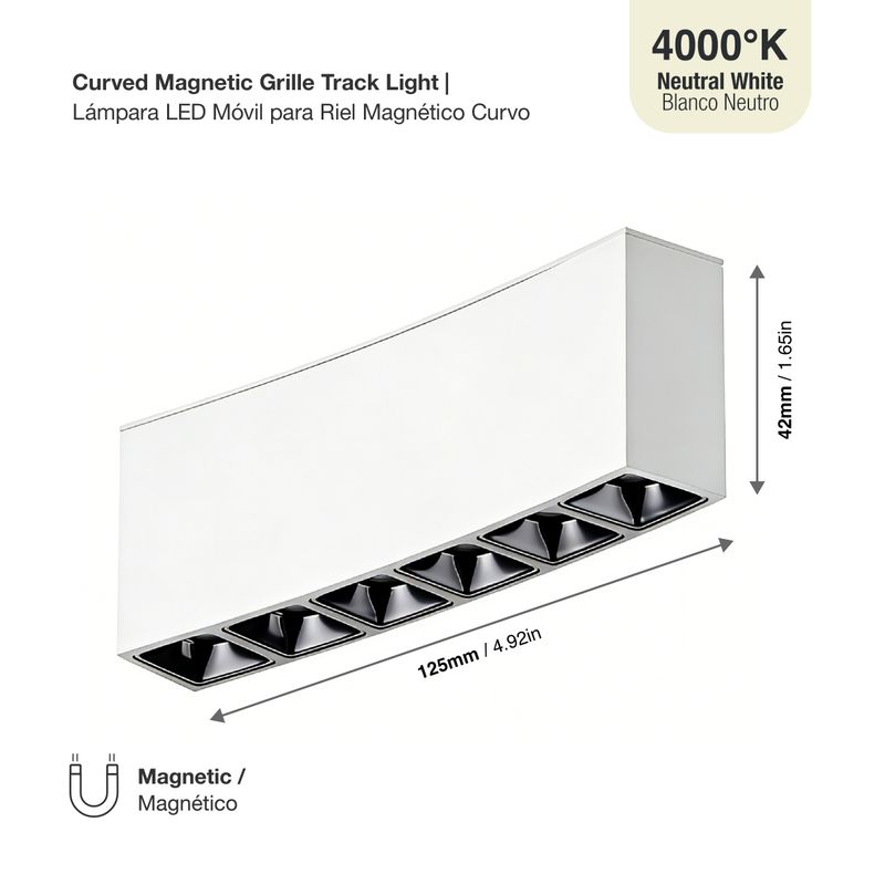 White Curved Magnetic Grille Track Light, 8W, Neutral White 4000K