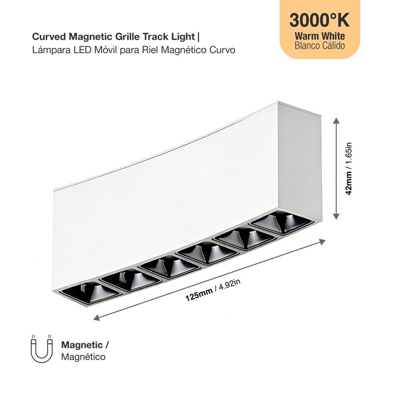White Curved Magnetic Grille Track Light, 8W, Warm White 3000K