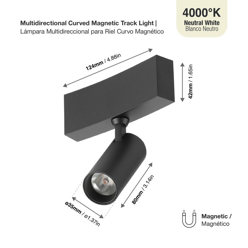 Black Curved Magnetic Track Light, Multidirectional, 5W, Neutral White 4000K, 30°