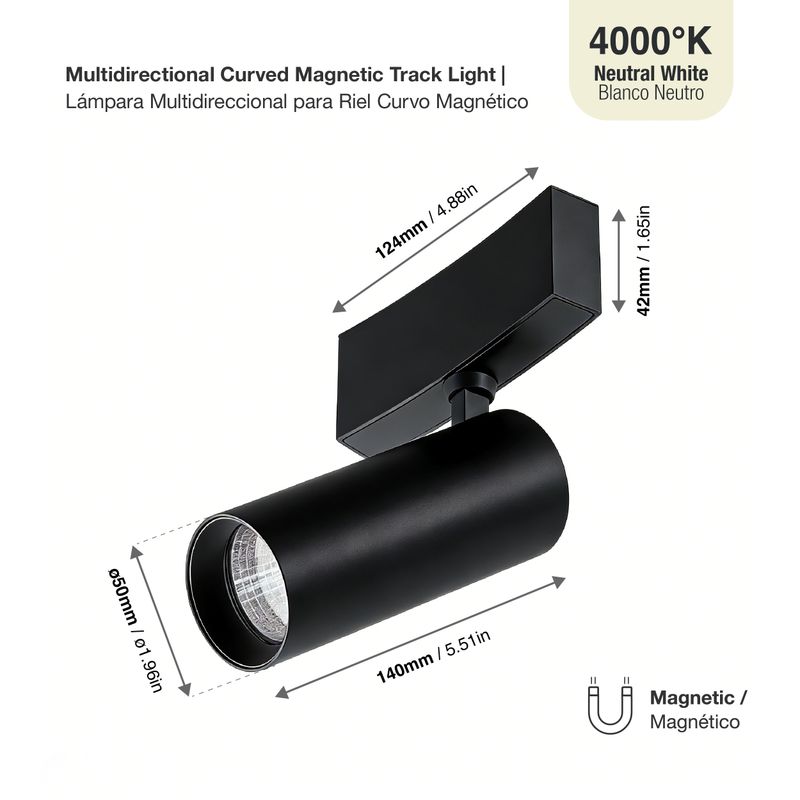 Black Curved Magnetic Track Light, Multidirectional, 10W, Neutral White 4000K, 36°