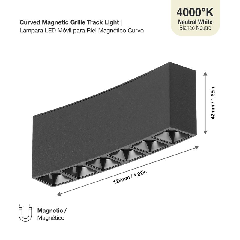 Black Curved Magnetic Grille Track Light, 8W, Neutral White 4000K