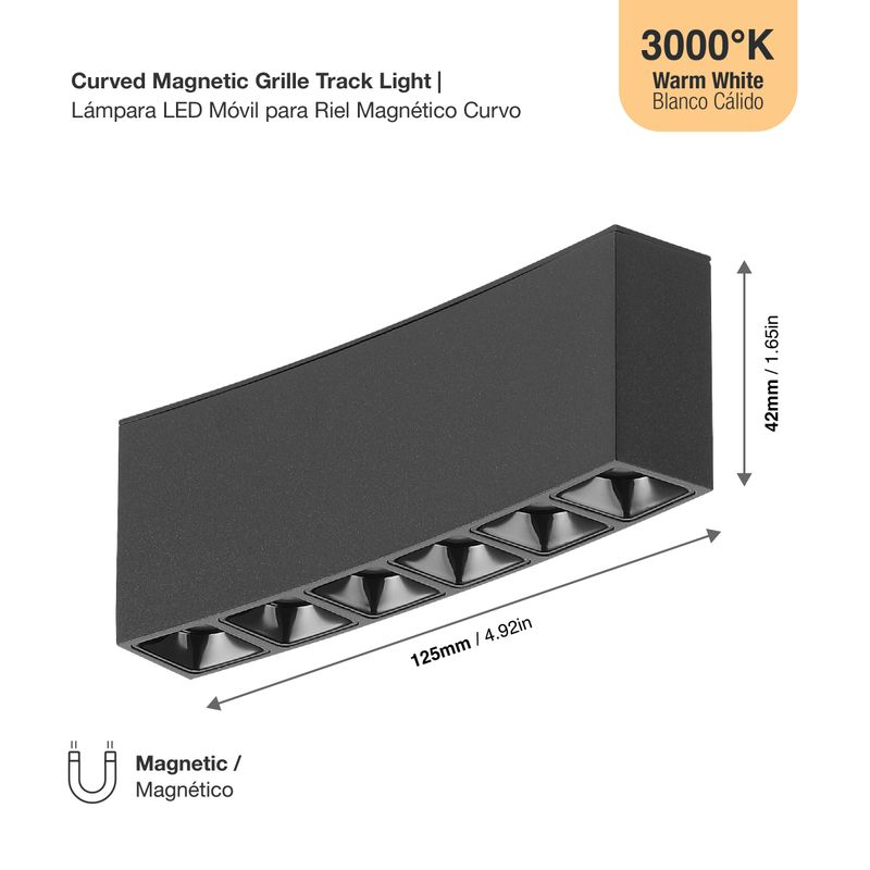 Black Curved Magnetic Grille Track Light, 8W, Warm White 3000K