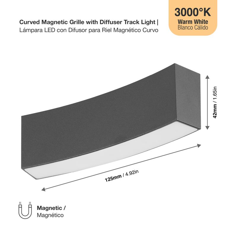 Black Curved Magnetic Grille with Diffuser Track Light, 7W, Warm White 3000K
