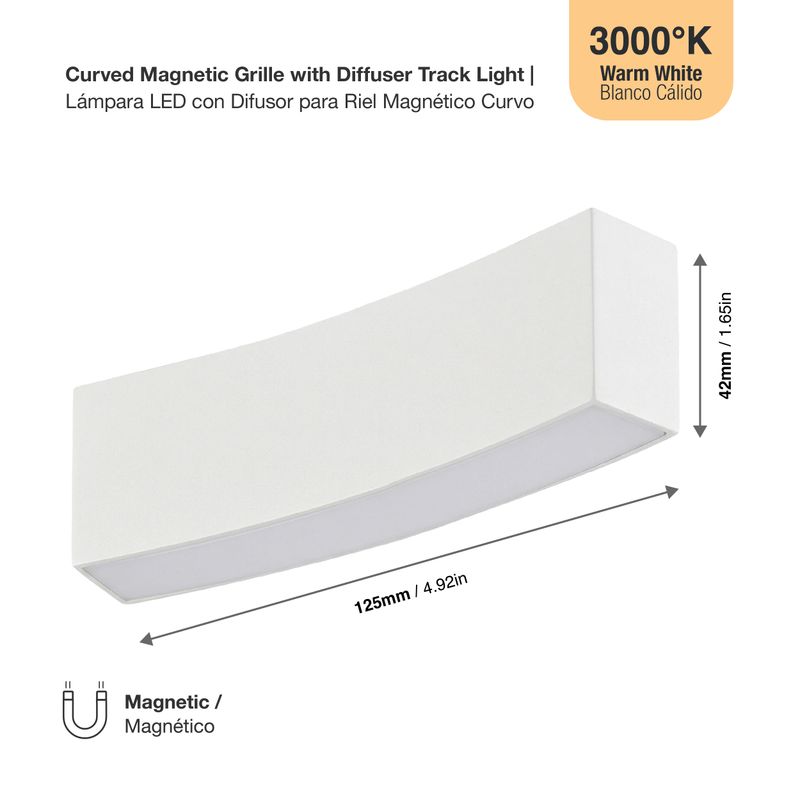 White Curved Magnetic Grille with Diffuser Track Light, 7W, Warm White 3000K