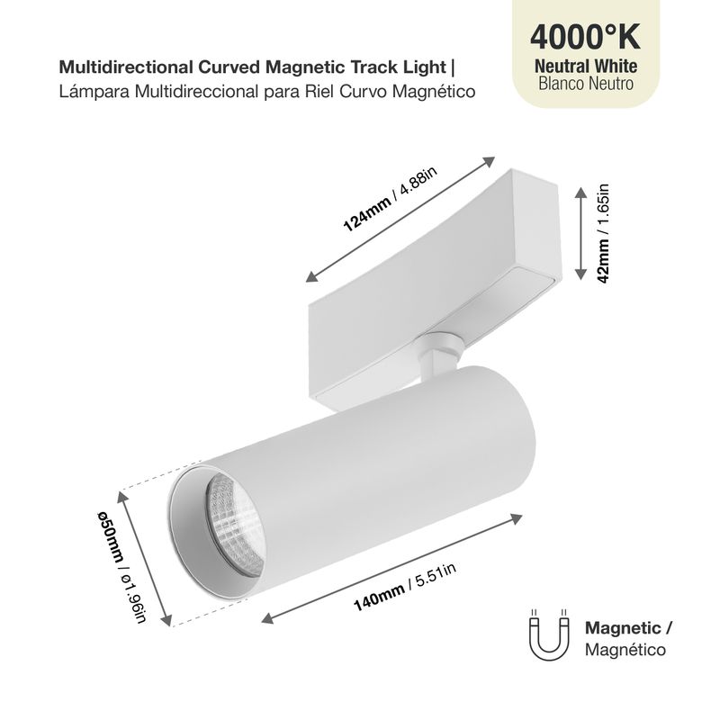 White Curved Magnetic Track Light, Multidirectional, 10W, Neutral White 4000K, 36°