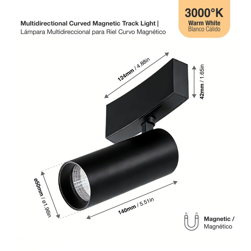 Black Curved Magnetic Track Light, Multidirectional, 10W, Warm White 3000K, 36°