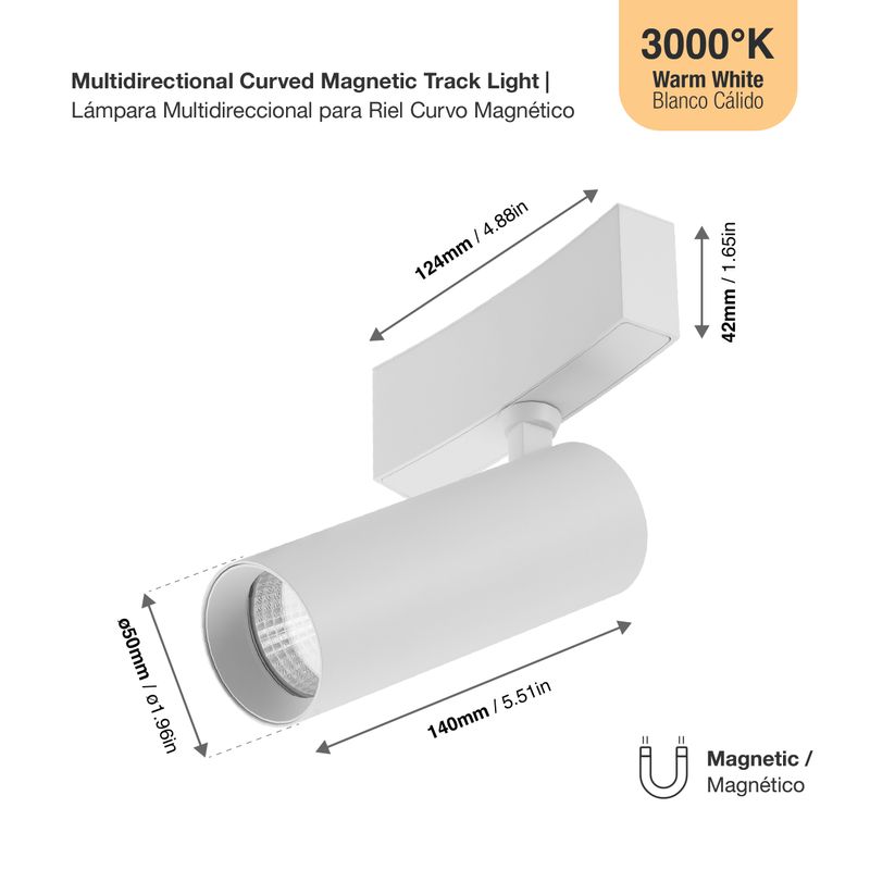 White Curved Magnetic Track Light, Multidirectional, 10W, Warm White 3000K, 36°
