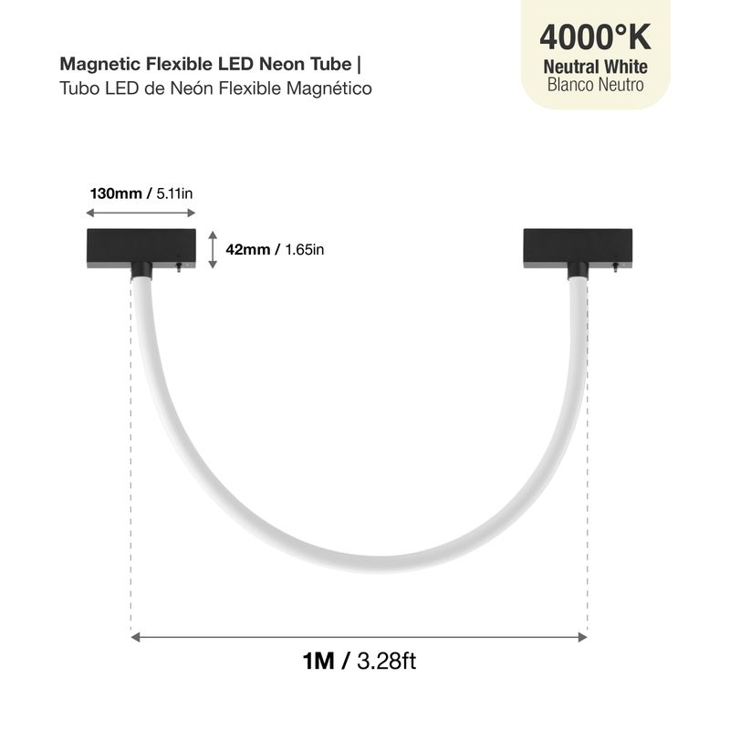 Black Magnetic LED Light Flexible Neon Tube, 12W, Neutral White 4000K, 3.28ft