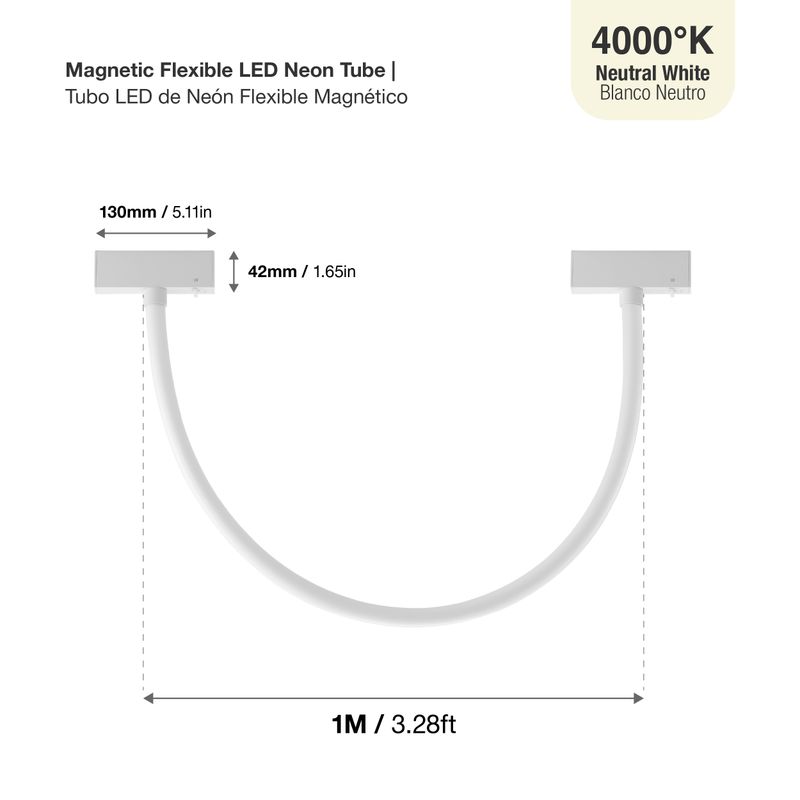 White Magnetic LED Light Flexible Neon Tube, 12W, Neutral White 4000K, 3.28ft