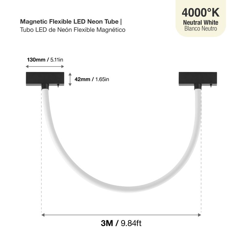 Black Flexible LED Magnetic Track Neon Light, 24V 36W 4000K, 9.84 ft Length