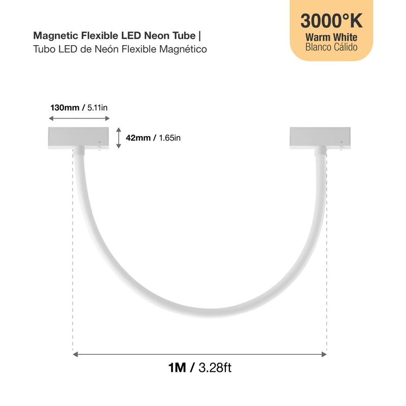 White Magnetic LED Light Flexible Neon Tube, 12W, Warm White 3000K, 3.28ft