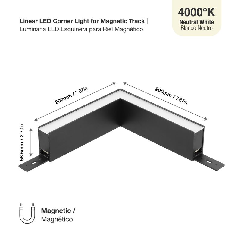 Linear LED corner light for magnetic track, black, 15W, Neutral White 4000K