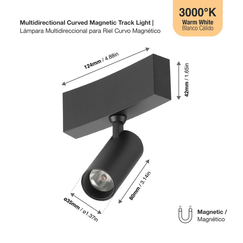 Black Curved Magnetic Track Light, Multidirectional, 5W, Warm White 3000K, 30°