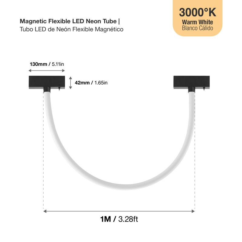 Black Magnetic LED Light Flexible Neon Tube, 12W, Warm White 3000K, 3.28ft