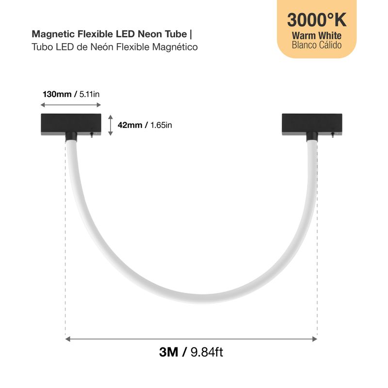 Black Flexible LED Magnetic Track Neon Light, 24V 36W 3000K, 9.84 ft Length