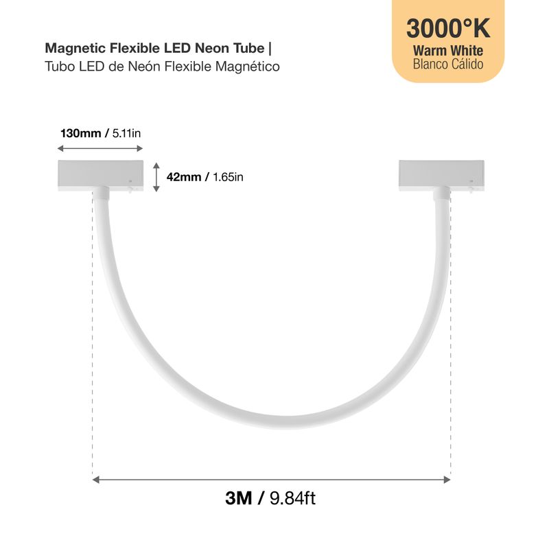 White Flexible LED Magnetic Track Neon Light, 24V 36W 3000K, 9.84 ft Length