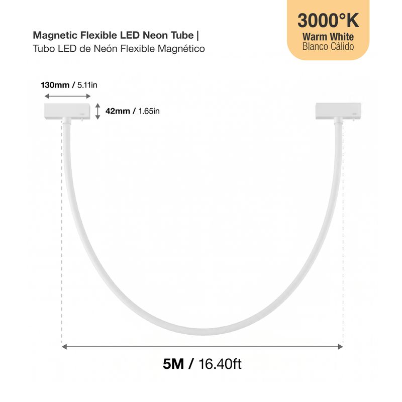 White Flexible LED Magnetic Track Neon Light, 24V 60W 3000K, 16.4 ft Length