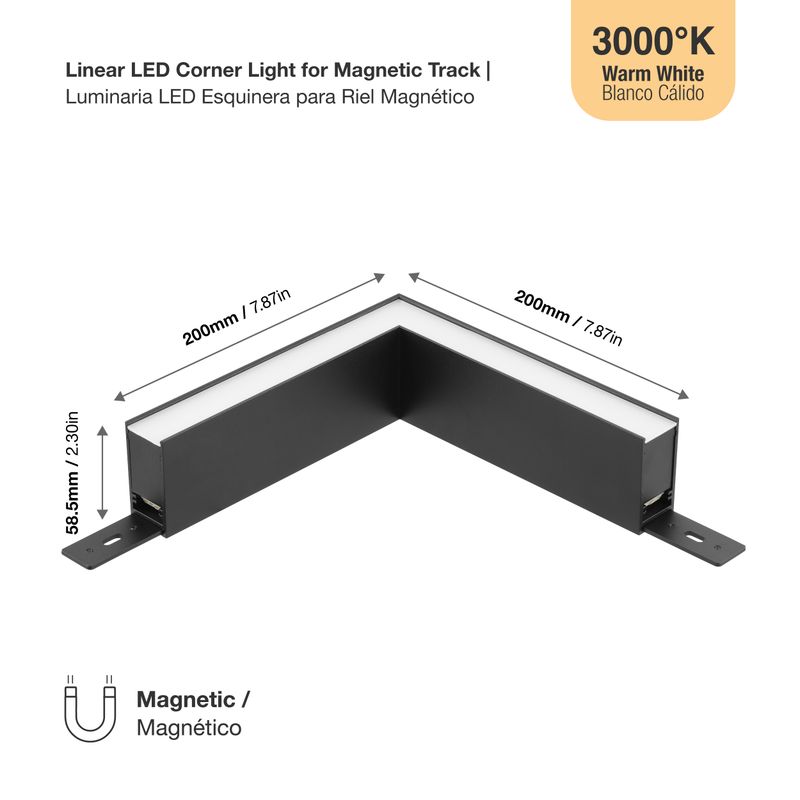 Linear LED corner light for magnetic track, black, 15W, Warm White 3000K 