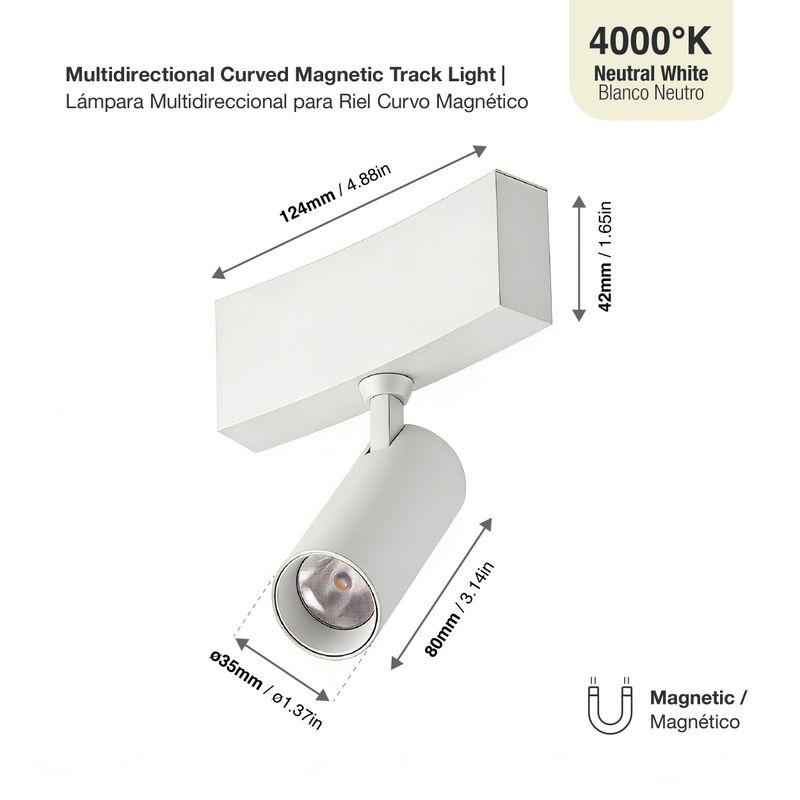 White Curved Magnetic Track Light, Multidirectional, 5W, Neutral White 4000K, 30°