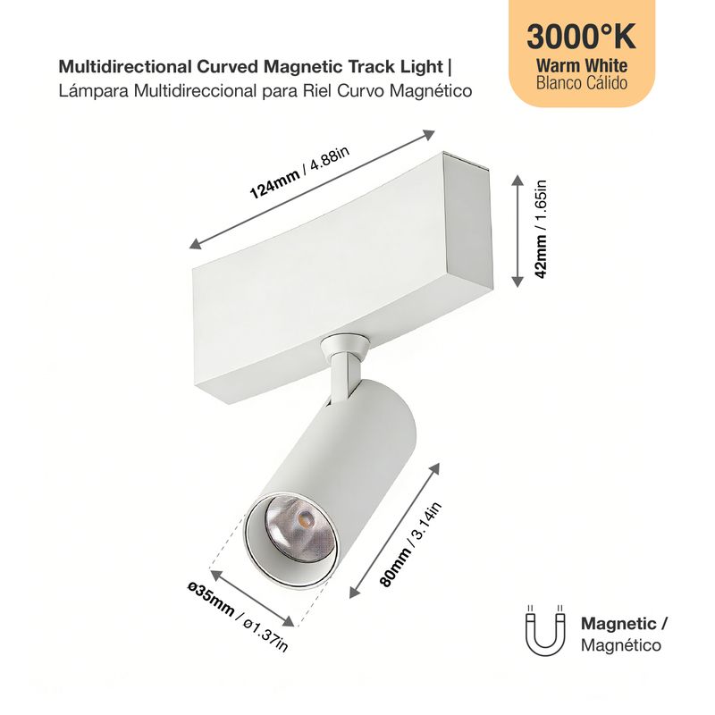 White Curved Magnetic Track Light, Multidirectional, 5W, Warm White 3000K, 30°