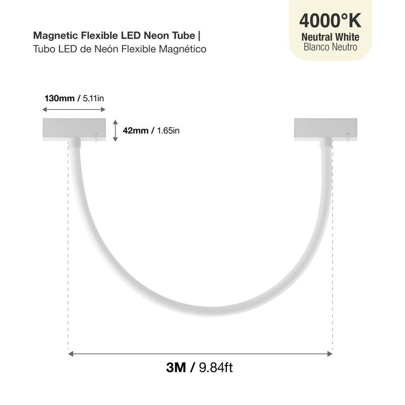 White Flexible LED Magnetic Track Neon Light, 24V 36W 4000K, 9.84 ft Length